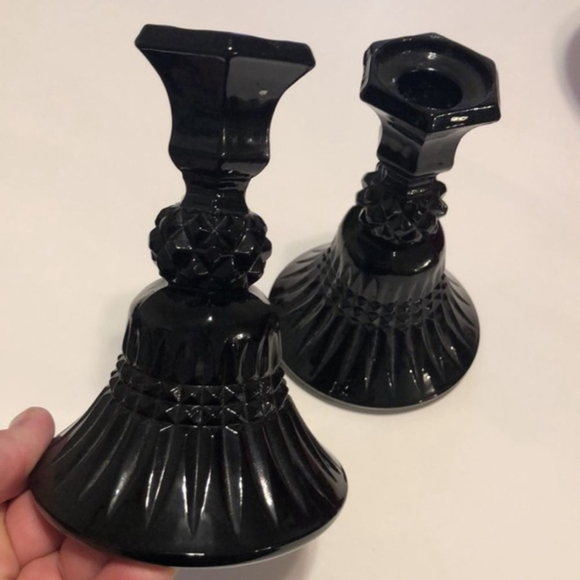 Vintage MCM Amethyst Glass Black Candlestick Holders - Picture 2 of 7